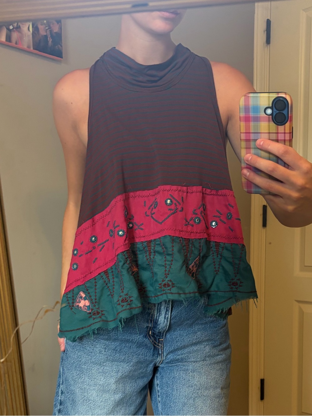 Free People Striped Tank with Pink Embroidered Band & Teal Hem